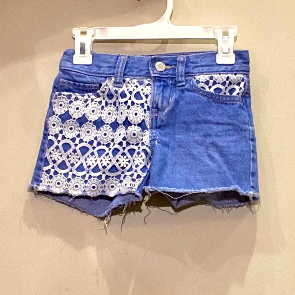 bright blue and lace jean shorts